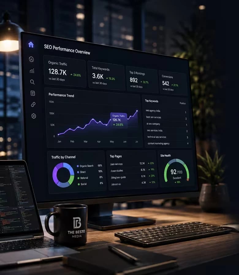 SEO performance dashboard showing organic traffic, keyword rankings, and site health metrics